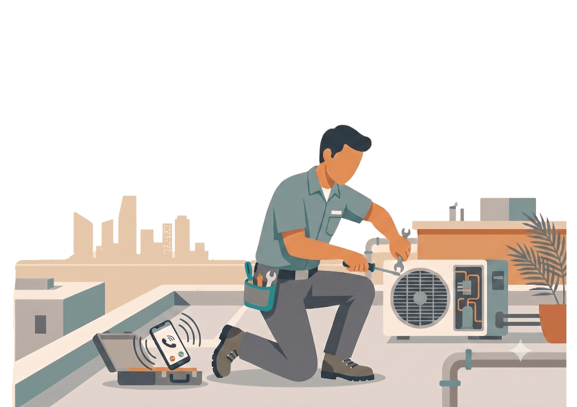 HVAC technician working on a rooftop AC unit while a call comes in, handled by Ready Phone Call